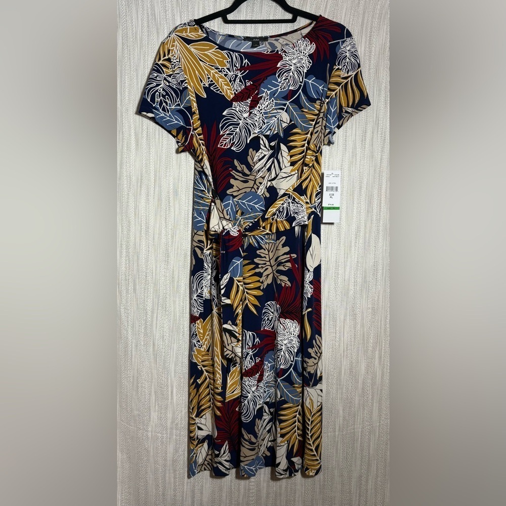 R&K Leaf Pattern Midi Dress in Navy, Red, and Gold